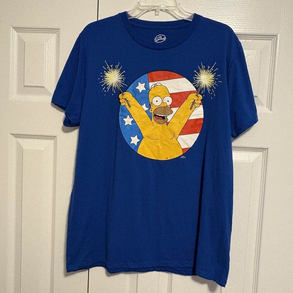 The Simpsons Blue Patriotic Homer Graphic T-Shirt Size Large 42/44